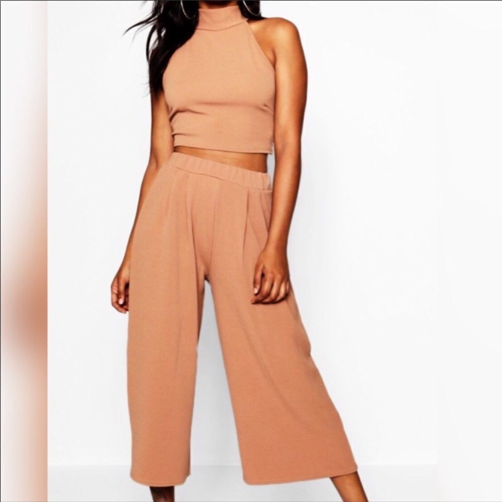 Tan Crop Top & High Waist Wide Leg Cropped Pants Outfit Sets NEW